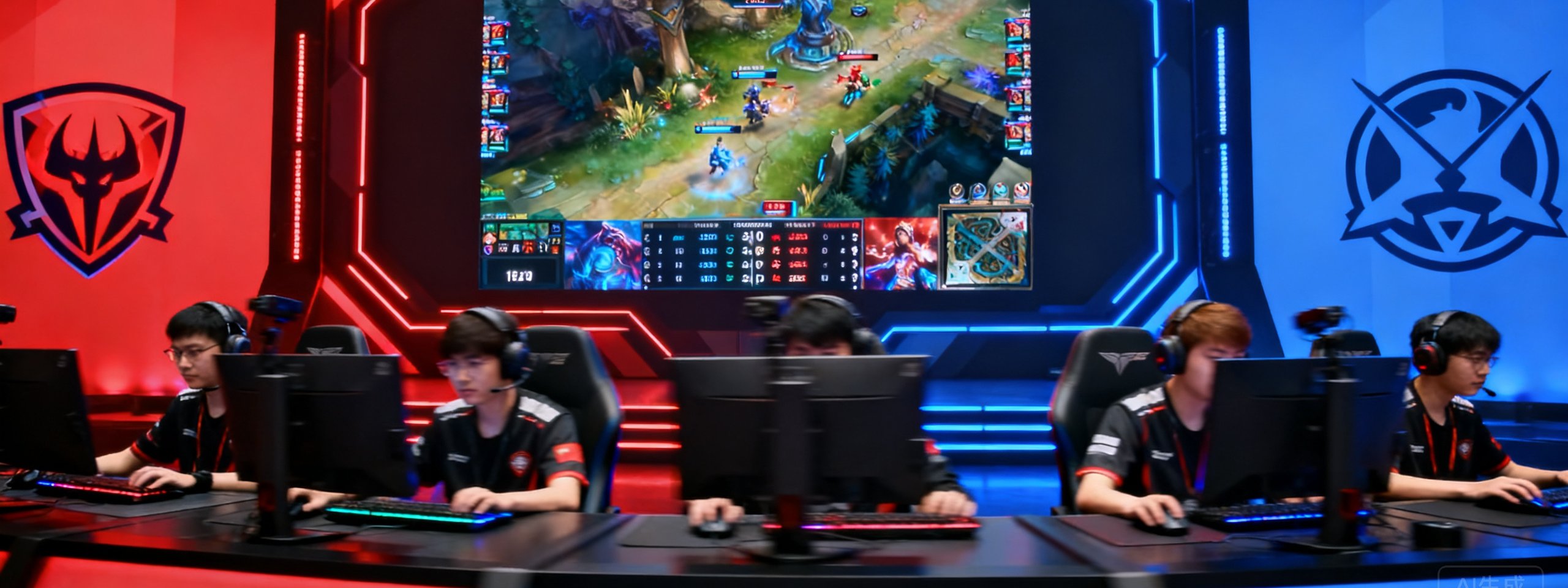 电竞舞台上选手们正在进行激烈的英雄联盟与Dota2对抗，大屏幕实时显示比赛数据